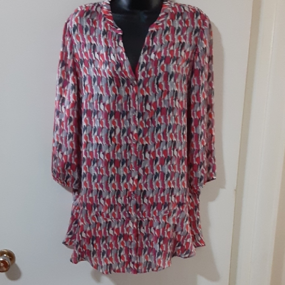 NIC+ZOE Multicolor Print Button Front Tunic Ruffle Hem Lightweight S